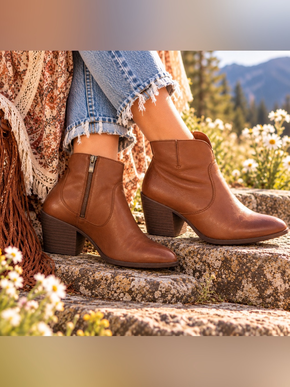 Frye Women's Cognac Leather Ankle Booties Block Heel and Inner Zipper Size 8